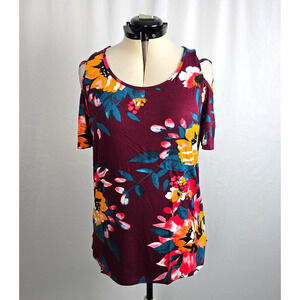 iGENJUN Blouse Women's L Maroon Multi Color Floral Cold Shoulder Sleeve NWT